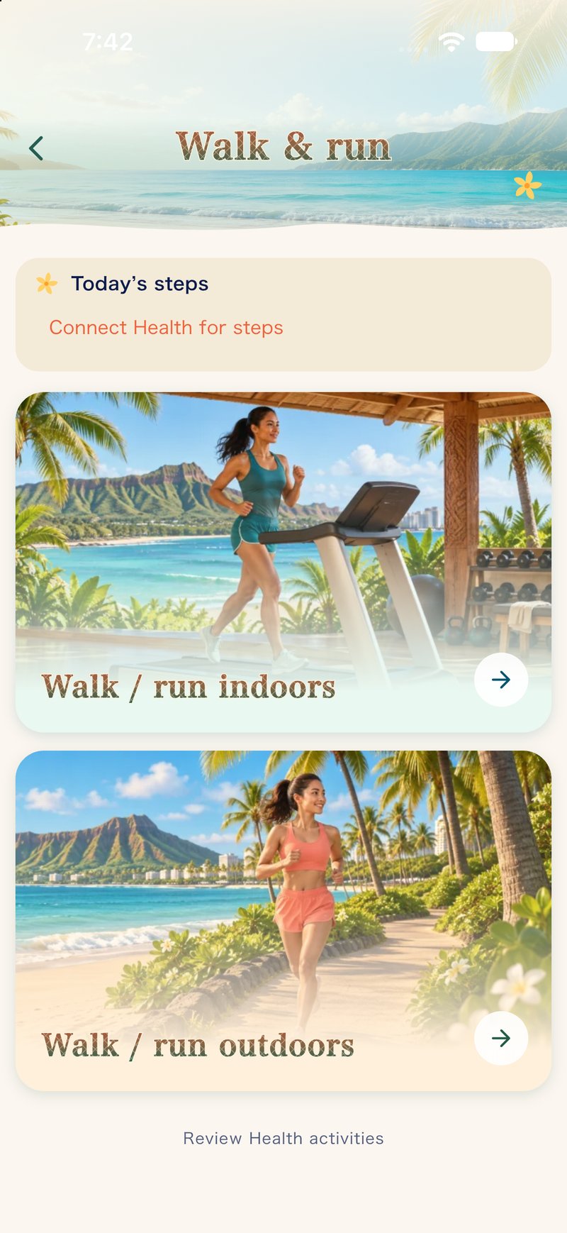 Muscle Mate Walk & Run screen with treadmill and outdoor options.