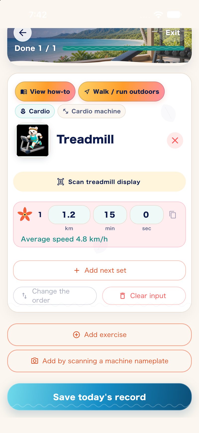 Treadmill logging screen showing distance, time and average speed with demo inputs.