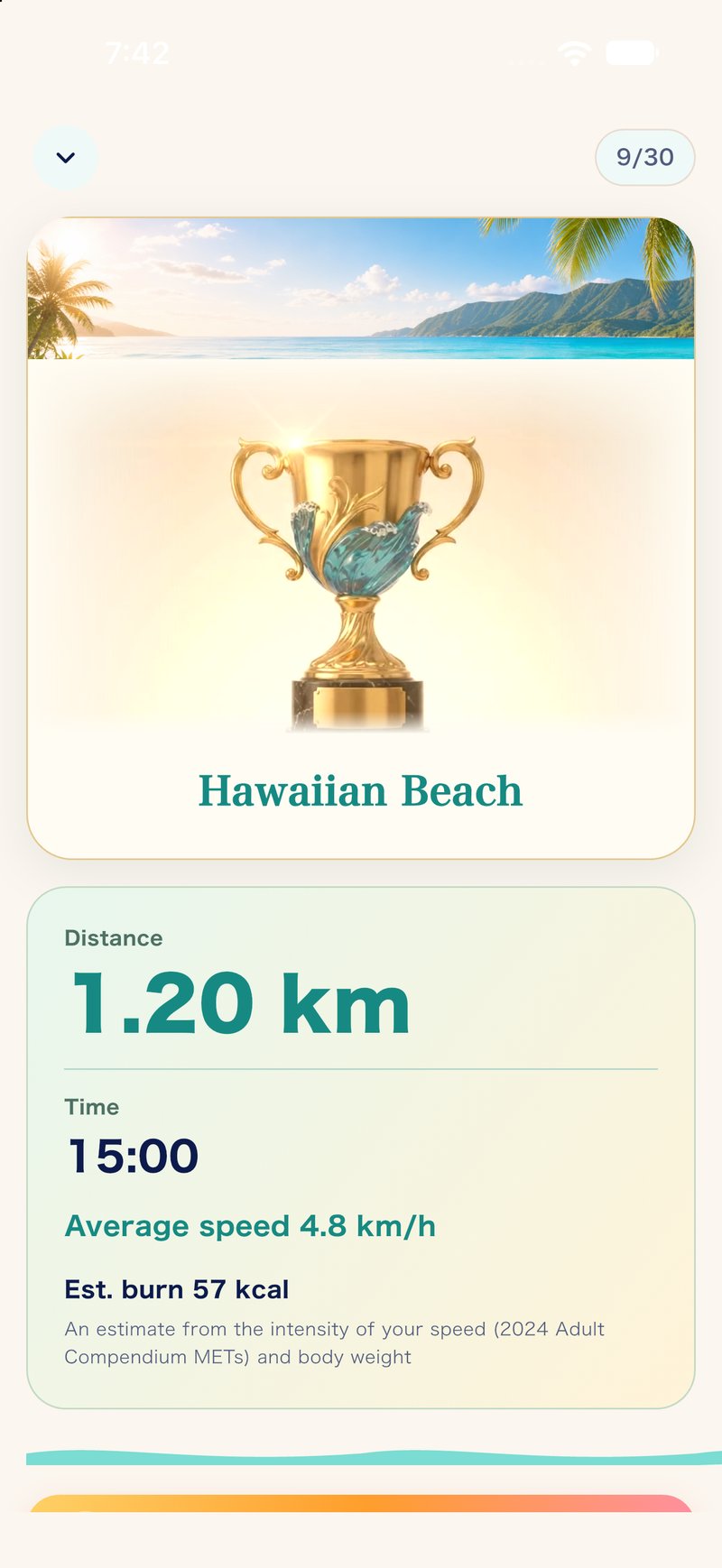 Walk & Run result screen showing distance, time and average speed with demo inputs.