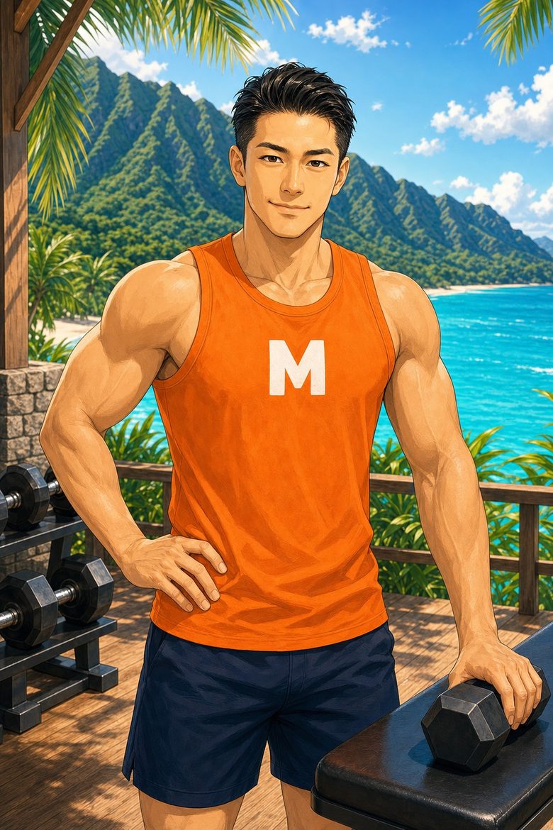 海と緑の山を望む木造ジムに立つMuscle Mate開発者の二次元イラスト
