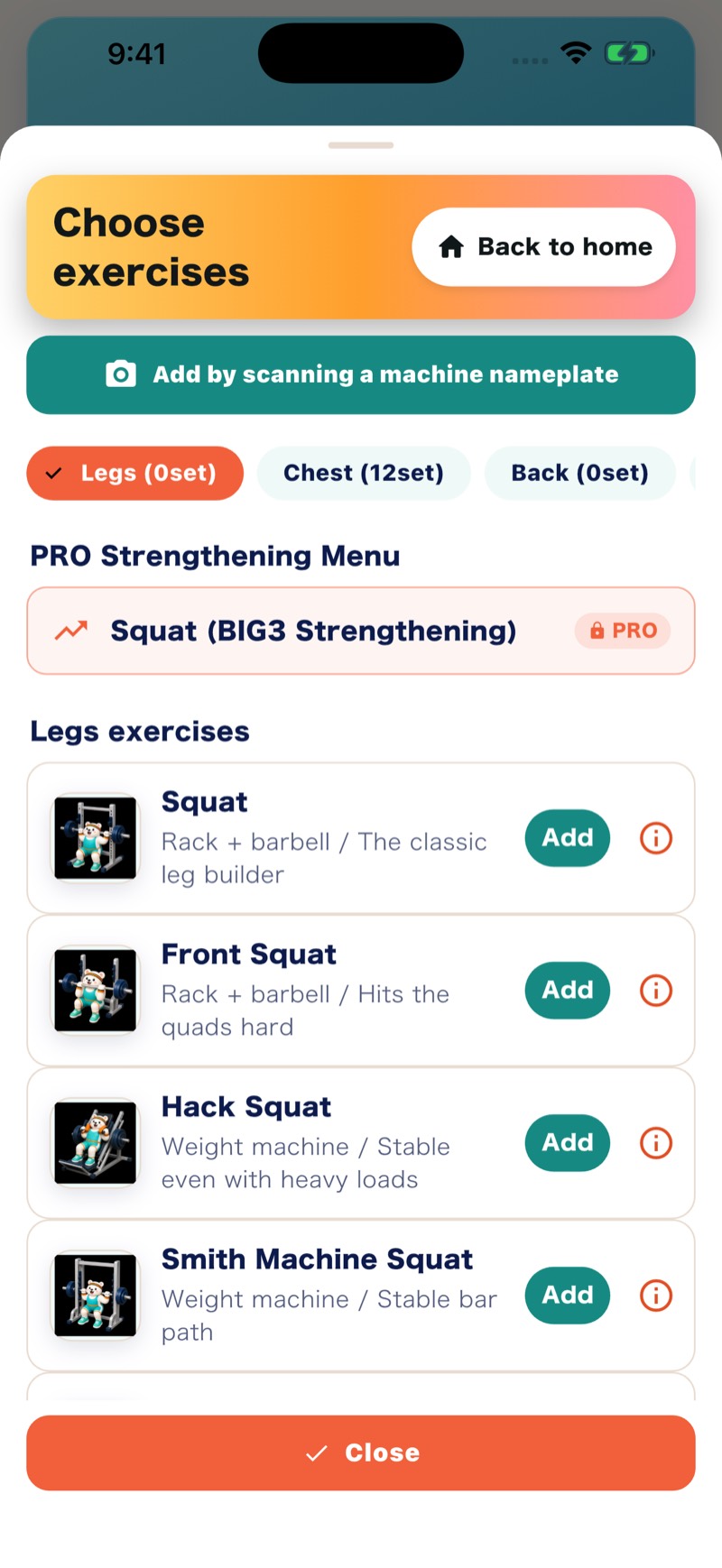 Muscle Mate's exercise picker in English, with the button to add an exercise by scanning a machine nameplate