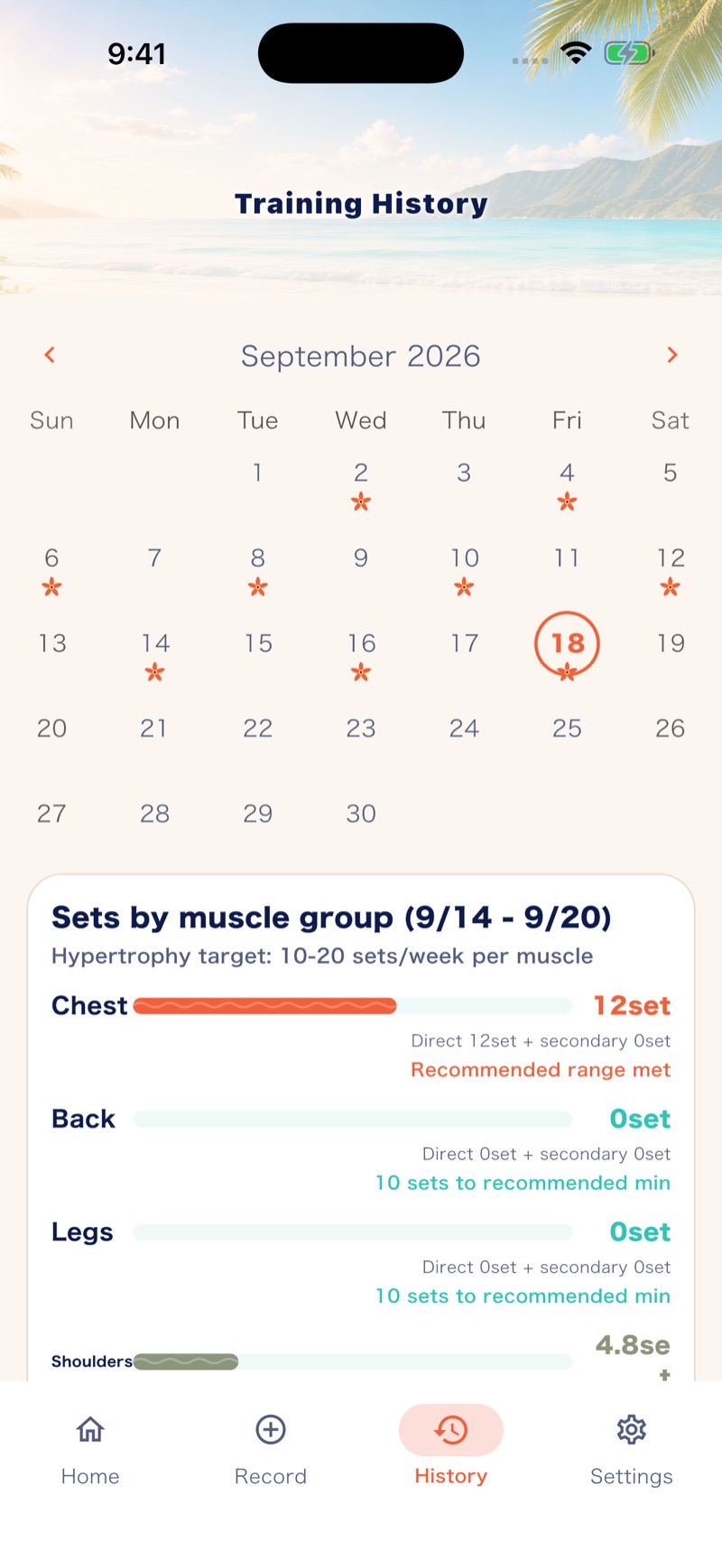 Muscle Mate's Training History screen in English with a calendar and sets by muscle group for the week