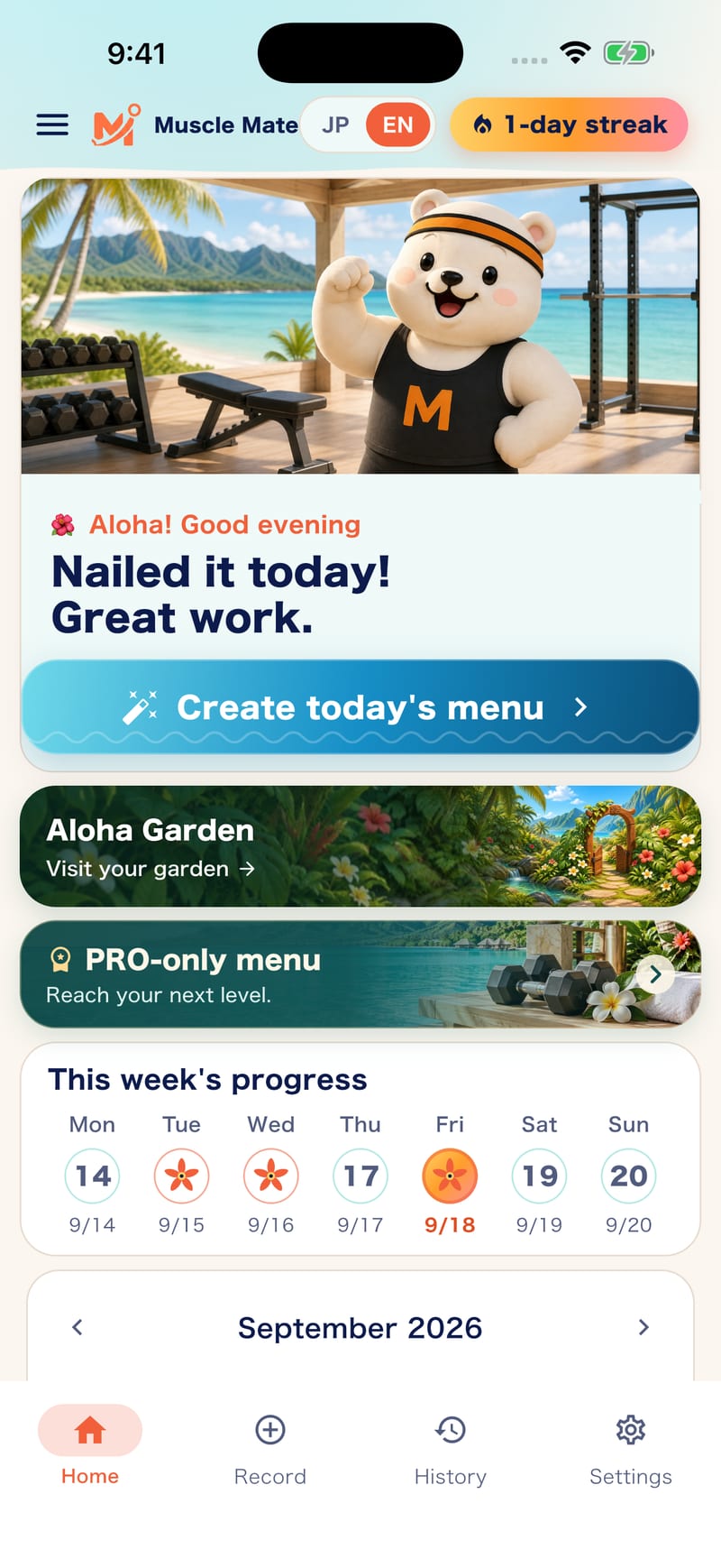 Muscle Mate home screen in English showing Create today's menu, Aloha Garden, the PRO-only menu card and this week's progress