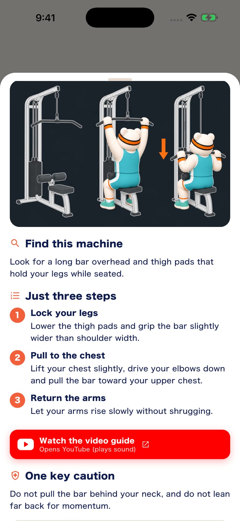 Muscle Mate's lat pulldown how-to guide in English: three steps and a video guide button