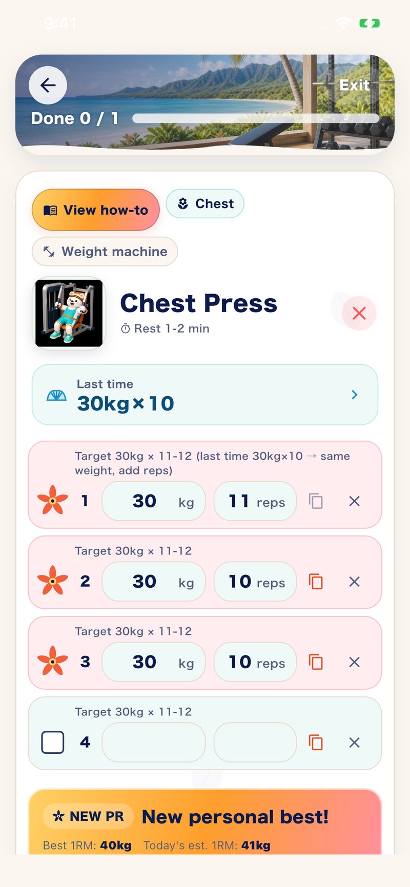 Muscle Mate's Chest Press log screen in English, showing last time 30kg x 10 and today's set entries