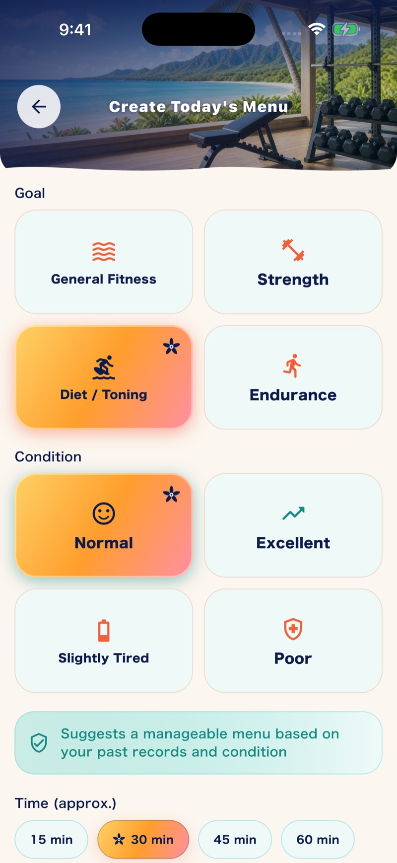 Muscle Mate's Create Today's Menu screen in English: pick a goal, your condition and the time you have