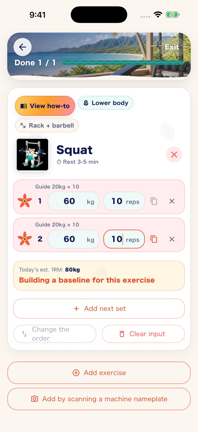 Muscle Mate log screen in English with two sets of squats entered and today's estimated 1RM