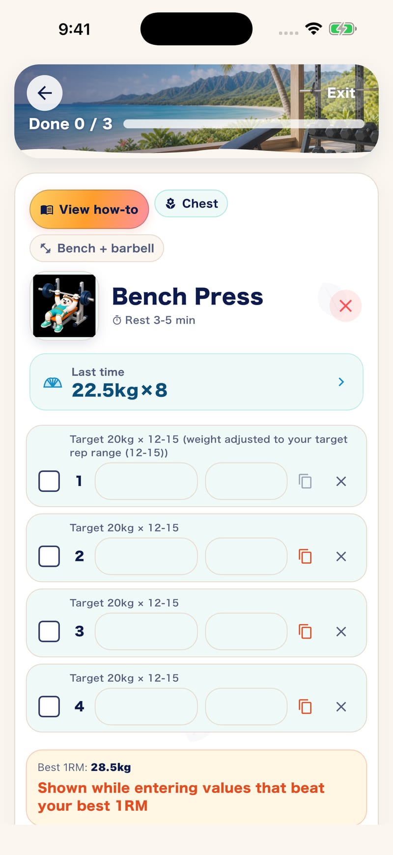 Muscle Mate set input screen in English showing last time's 22.5kg×8, target weight and reps, recommended rest and best 1RM