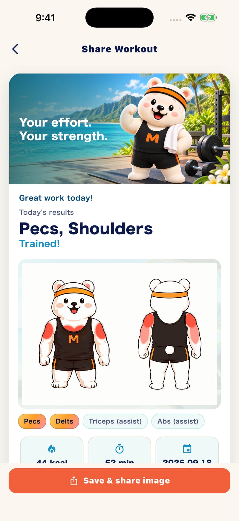 Muscle Mate workout share screen in English showing today's results card: trained muscles highlighted on the bear, calories and time