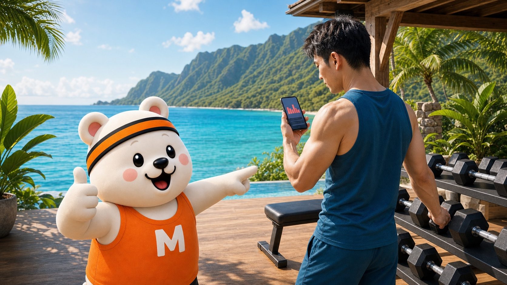 海辺の木造ジムで記録を確認し、次のダンベルを迷わず選ぶトレーニーとMuscle Mateのクマ