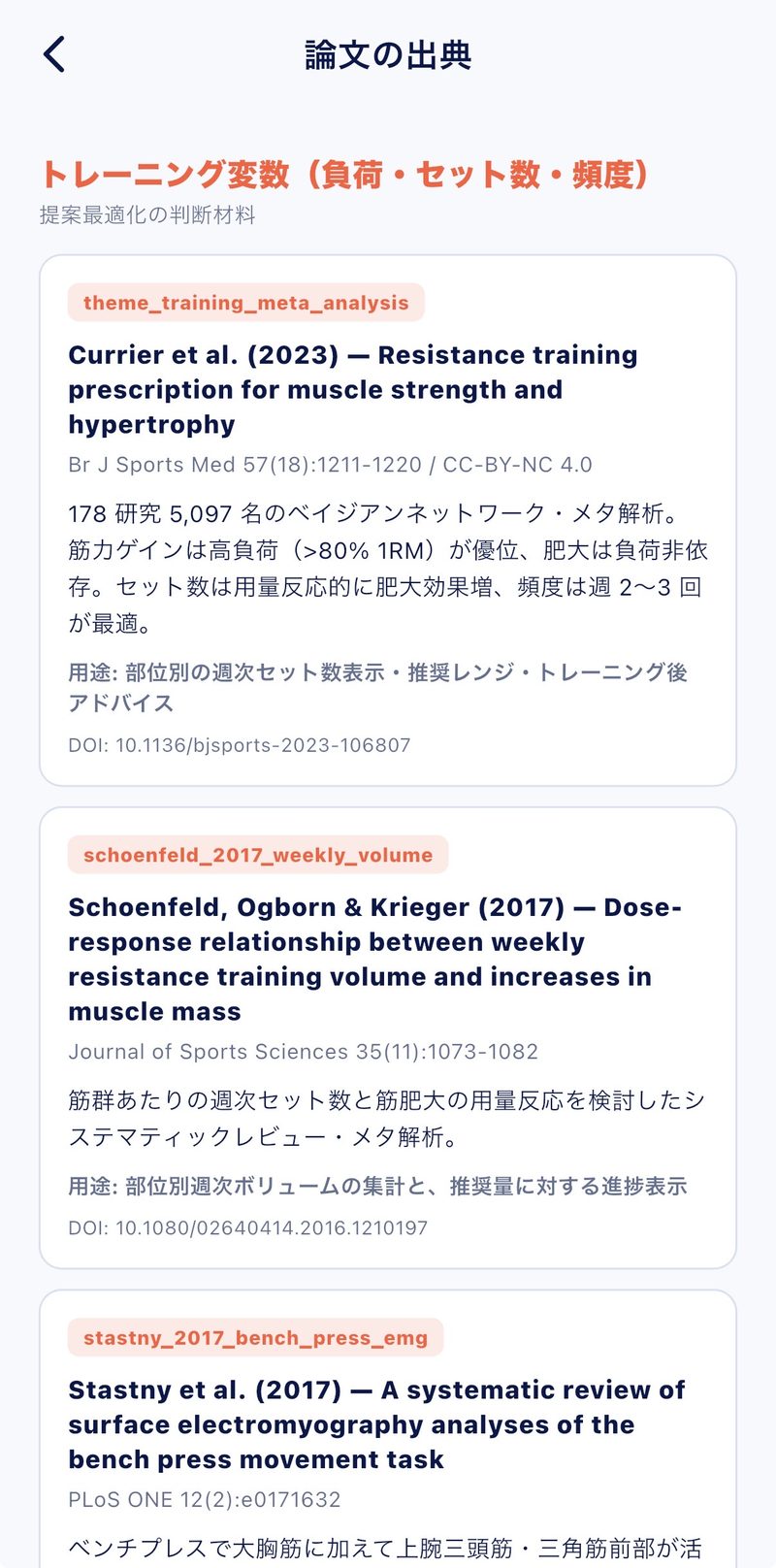 Muscle Mateの論文の出典画面。Currier et al.（2023）、Schoenfeld et al.（2017）などの参照論文がDOIつきで並ぶ
