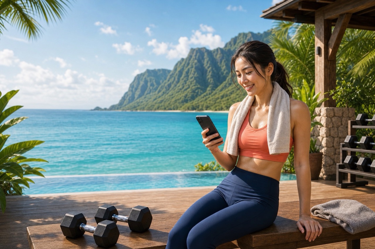 海辺の開放的なジムでトレーニング後の記録をスマートフォンで確認する女性